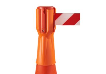 Kazeta na dopravné / cestné kužele Tensacone, oranžová – samonavíjacie pásmo 3,65 m, červeno-biele šrafovanie