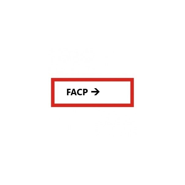 Bezpečnostné požiarne značenie, ''FACP'' so šípkou – fólia, 210×74 mm