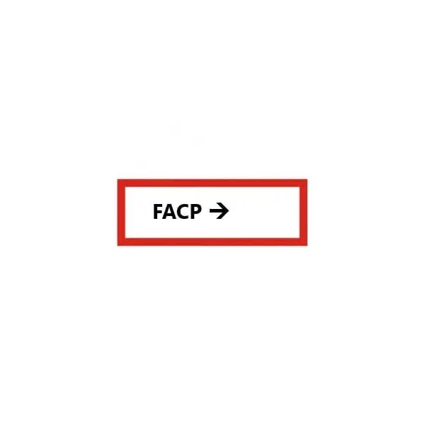 Bezpečnostné požiarne značenie, ''FACP'' so šípkou – hliníkový kompozit, 420×148 mm