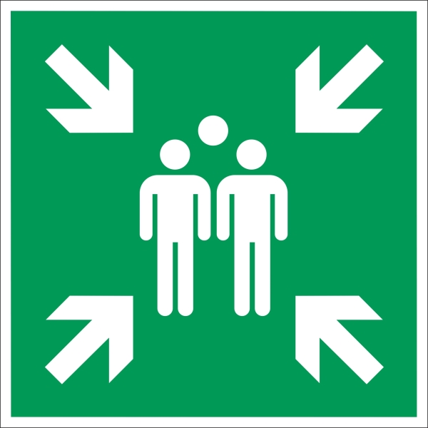 Bezpečnostné únikové značenie, zhromaždisko – luminiscenčná fólia, 100×100 mm