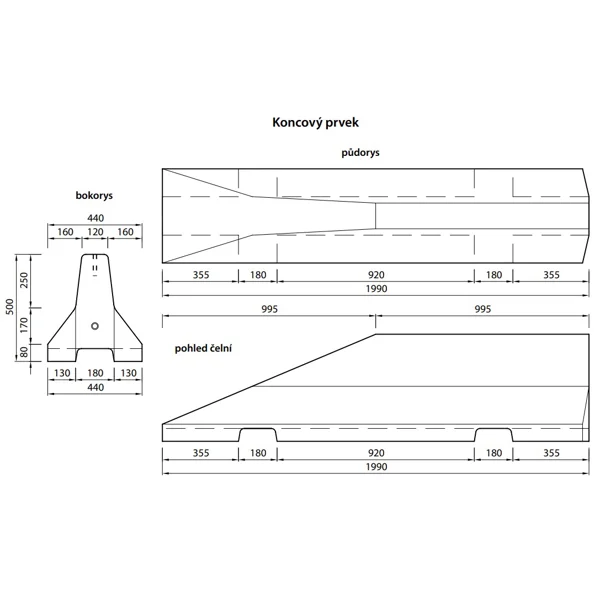 Cestné betónové zvodidlo 50 HS01CSB – krajný diel, 2000×440×500 mm
