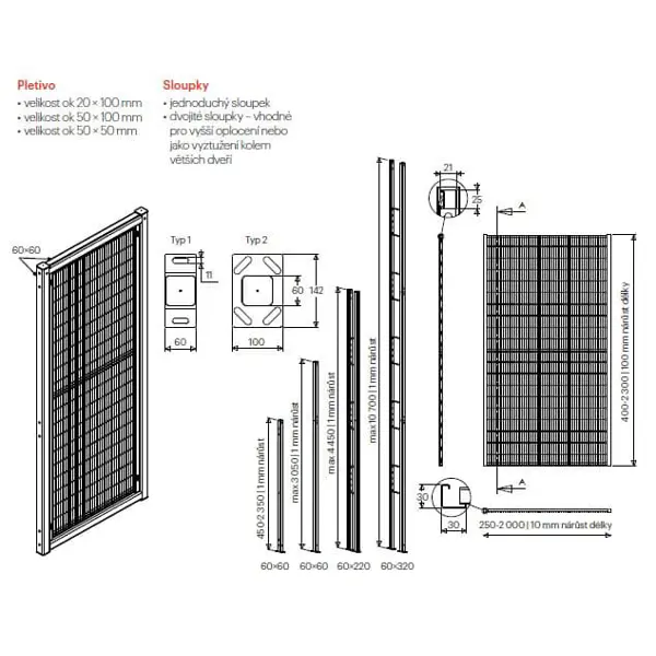 Drôtene oceľové priečky Modul Vario o dĺžke 15 m a viac – pletivo 100×20 mm, drát pr. 2,5 mm, stojka 60×60×2350 mm, pozink, v. 2350 mm