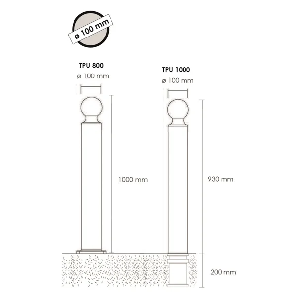 Flexibilný stĺpik k zabetónovaniu, výška 1130 (930) mm, pr. 100 mm, guľatá hlavica – hnedá