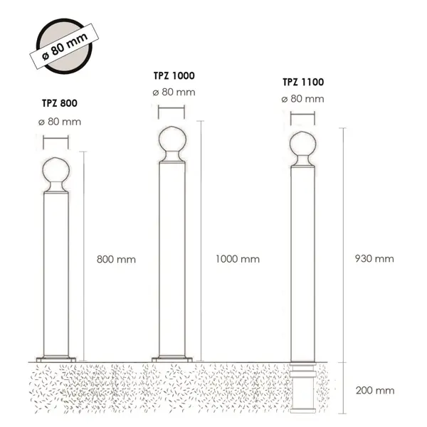 Flexibilný stĺpik, výška 1000 mm, pr. 80 mm, guľatá hlavica – čierna