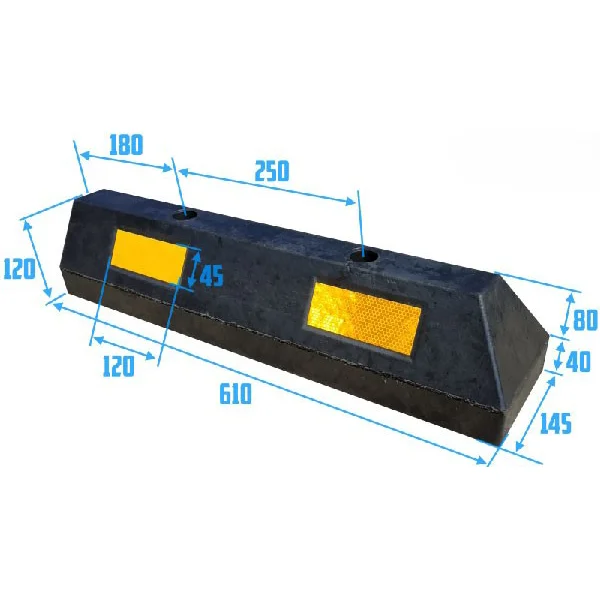 Modulárny parkovací doraz pre automobily s reflexnými pruhmi, koncový diel – 610×145×120 mm, čierno-žltá