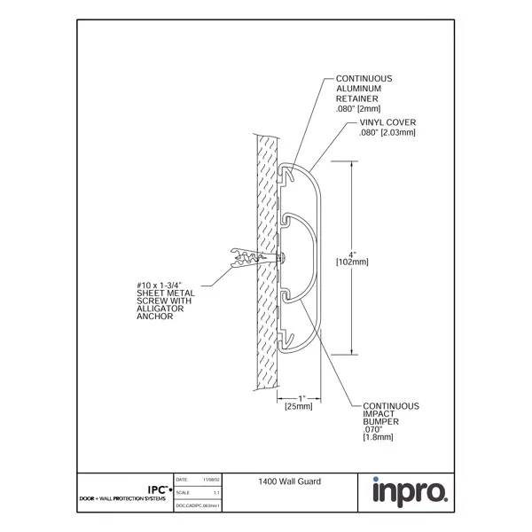 Nástenný nárazník, nástenné zvodidlo Wall Guard 1400 – PVC-u, farba štandard podľa vzorkovníka, 102 mm × 3,66 m