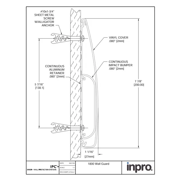 Nástenný nárazník, nástenné zvodidlo Wall Guard 1800 – PVC-u, farba štandard podľa vzorkovníka, 203 mm × 3,66 m