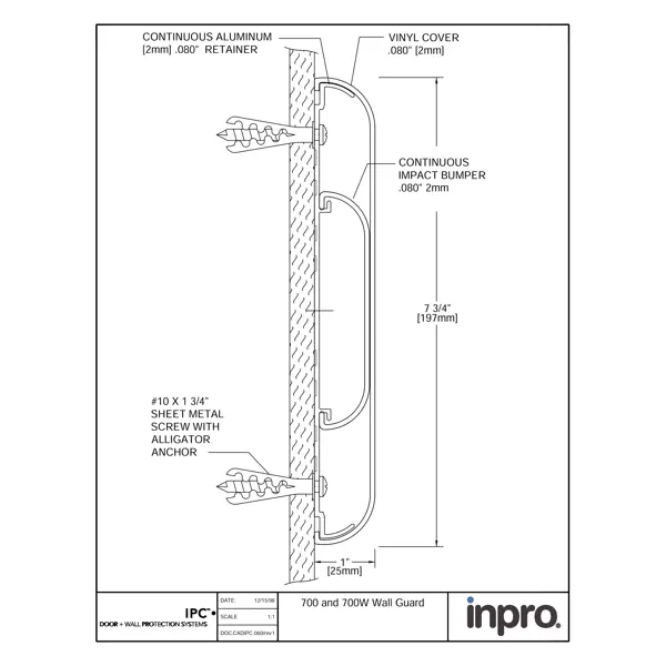 Nástenný nárazník, nástenné zvodidlo Wall Guard 700 – PVC-u, farba štandard podľa vzorkovníka, 197 mm × 3,66 m