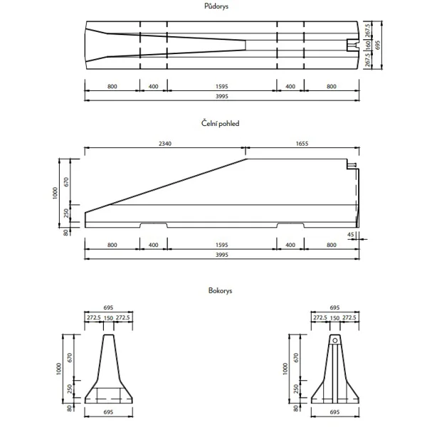 Obojstranné cestné betónové zvodidlo TYP100 – ľavý krajný diel, 4000×695×1000 mm