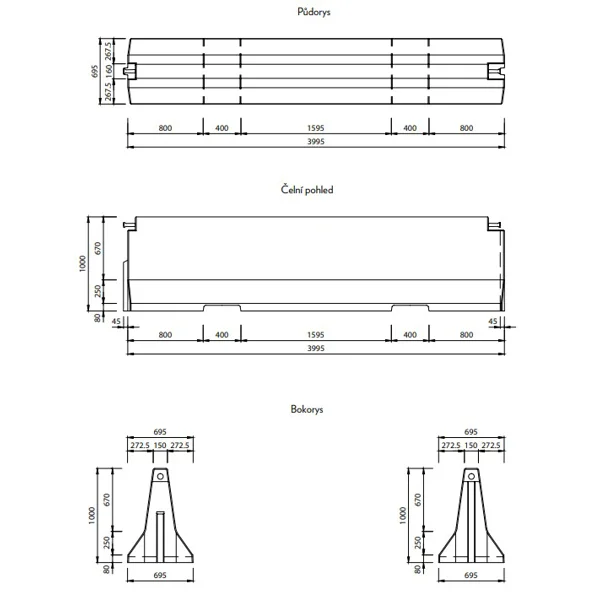Obojstranné cestné betónové zvodidlo TYP100 – priebežný diel, 4000×695×1000 mm