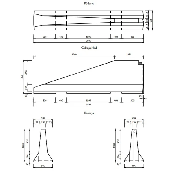 Obojstranné cestné betónové zvodidlo TYP120 – ľavý krajný diel, 4000×695×1200 mm
