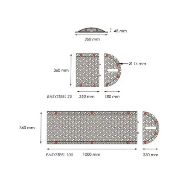 Oceľový retardér – káblový prejazd 25 km/h, 40 t – 1000×360×50 mm, žltá