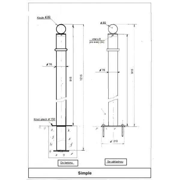 Ozdobný stĺpik SIMPLE – kov, 1170 mm, pevný k zabetónovaniu