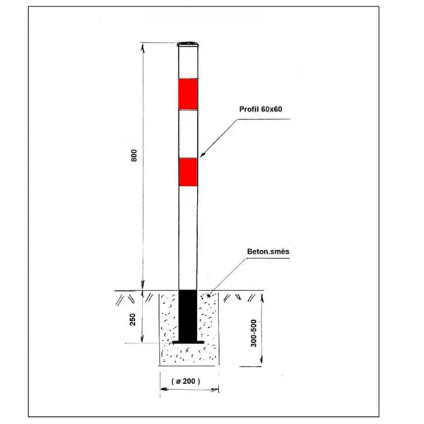 Parkovací stĺpik MOTÝLIK – oceľ, bielo-červená, 1050×590 mm, pevný k zabetónovaniu