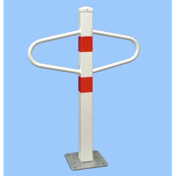 Parkovací stĺpik MOTÝLIK – oceľ, bielo-červená, 800×590 mm, pevný s doskou