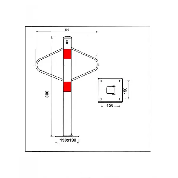 Parkovací stĺpik MOTÝLIK – oceľ, bielo-červená, 800×590 mm, sklopný, zámok FAB
