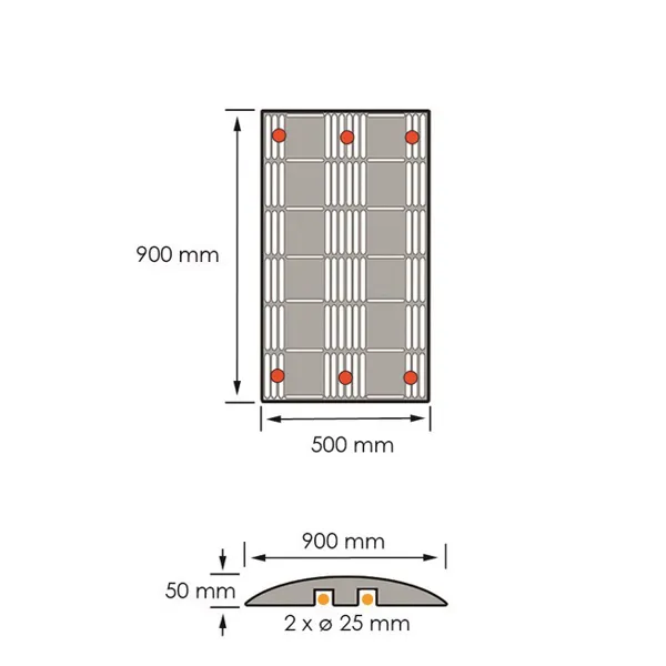 Retardér – káblový prejazd 25 km/h, 40 t – 900×500×50 mm, žlto-čierna