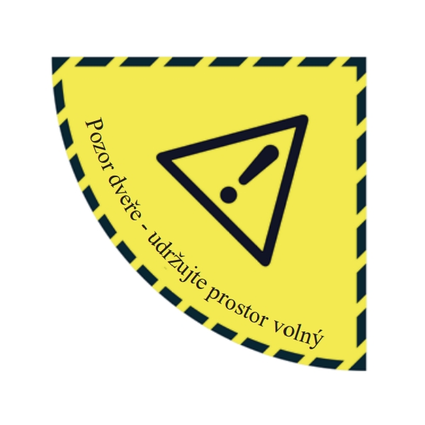 Samolepiace plošné protišmykové značenie (štvrťkruh), ''pozor – otváranie dverí'' – PVC, 900×900 mm