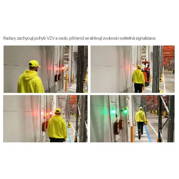 Signalizačný systém pre zabezpečenie prejazdu VZV v skladoch a výrobe – 1× centrálna jednotka, 1× radarový detektor, 1× LED svetlo-32 typov sirén