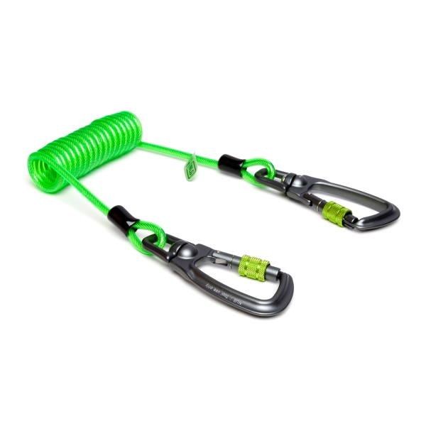 Špirálová upevňovacia šnúra NLG Lanyard s dvoma karabínami – kov, zelená
