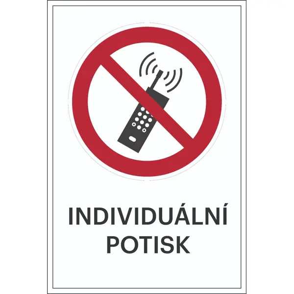Zákazové značenie, Mobilné telefóny musia byť vypnuté, s možnosťou individuálneho textu – fólia, 200×300 mm